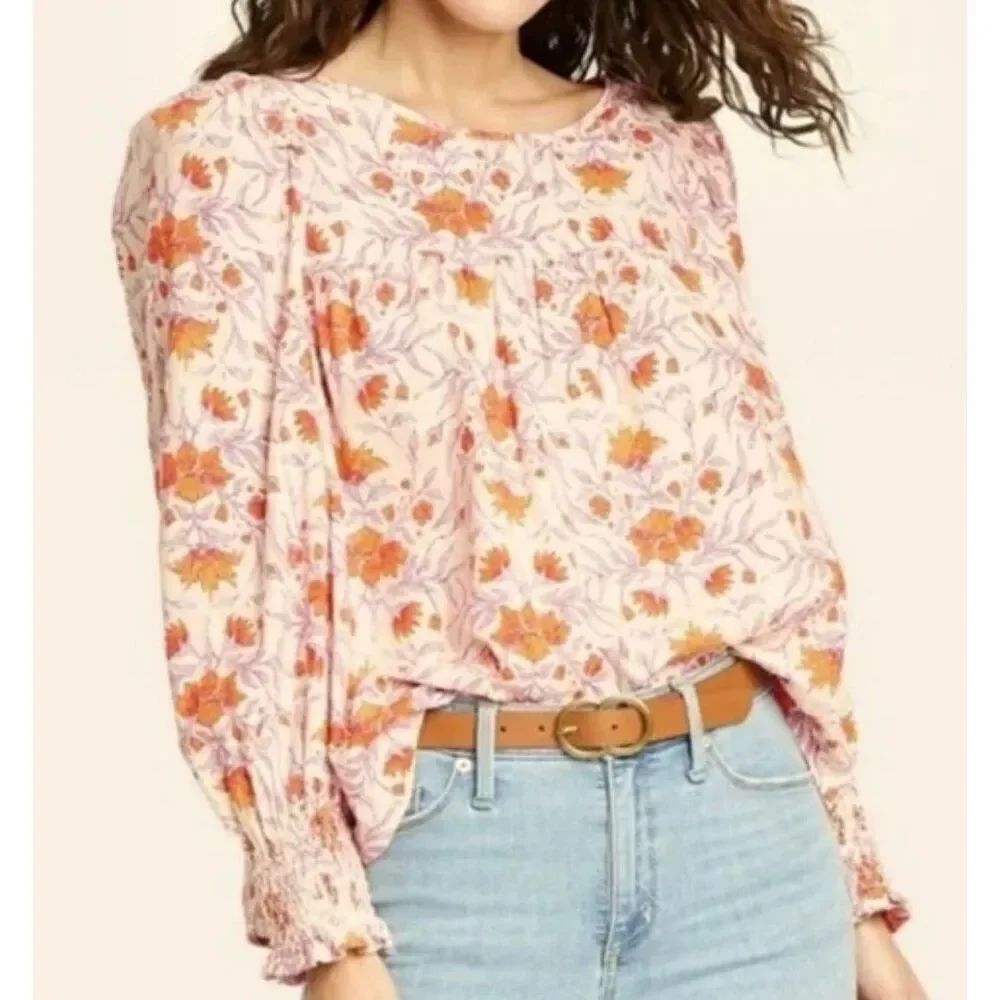 Universal Thread orange floral smocked block print blouse sml